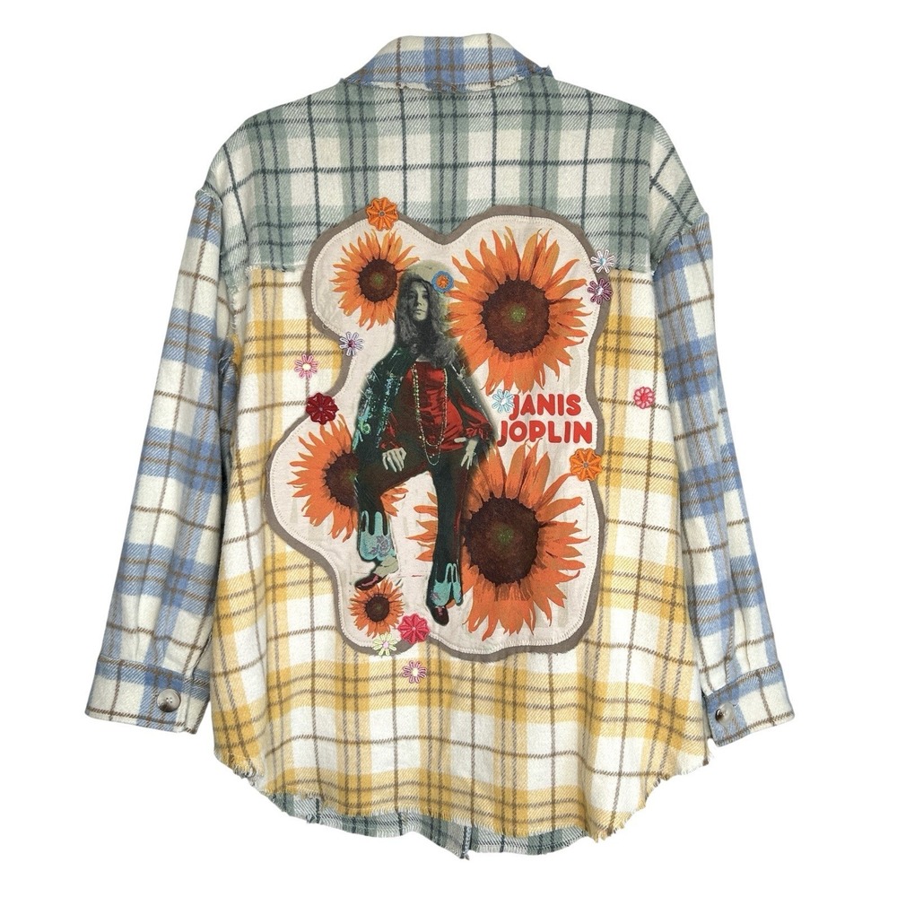 Janis Joplin Upcycled Plaid Boho Shacket M Festival Embroider Patchwork Oversize